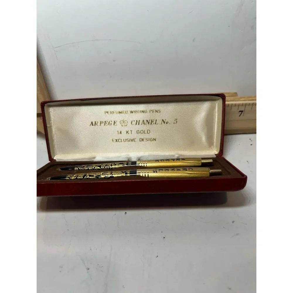 Vintage Arpege Chanel No.5 14K Gold Perfumed Writing Pen Set in Red Case